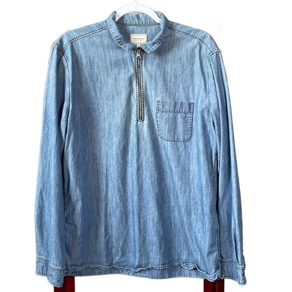 Frank & Oak Men’s Blue 100% Cotton Pullover 1/4 Zip Denim Shirt (Size: Large) - Picture 1 of 13